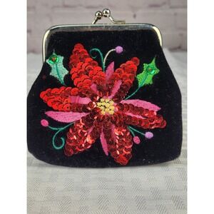 Vendula London CHRISTMAS Beaded Poinsettia Black Velvet Coin Purse Kiss Lock